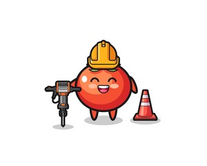 road worker mascot of tomatoes holding drill machine