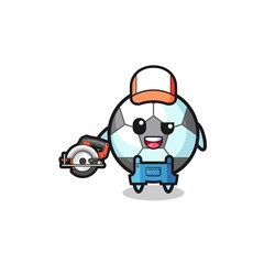 the woodworker football mascot holding a circular saw