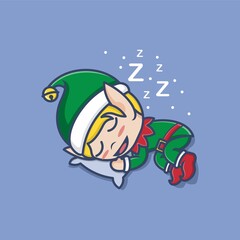cute cartoon christmas elf sleeping on pillow. vector illustration for mascot logo or sticker