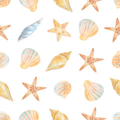 Watercolor sea seamless pattern of starfish, seashells, conch, peonies on an isolated white background. underwater world hand drawing, summer clipart. Postcards, packaging, fabric, design, textile.