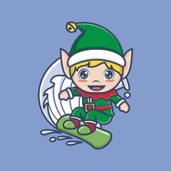 cute cartoon christmas elf surfing in the snow. vector illustration for mascot logo or sticker