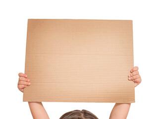 Child hands hold cardboard poster above head isolated