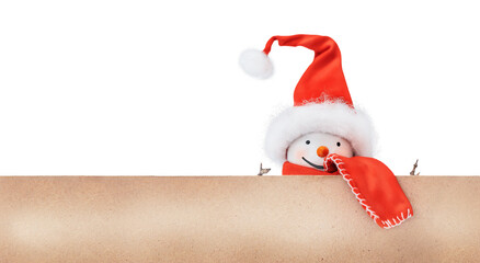 Christmas snowman with cardboard poster isolated