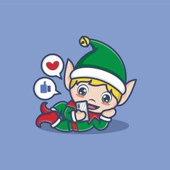 cute cartoon christmas elf playing social media on smartphone. vector illustration for mascot logo or sticker