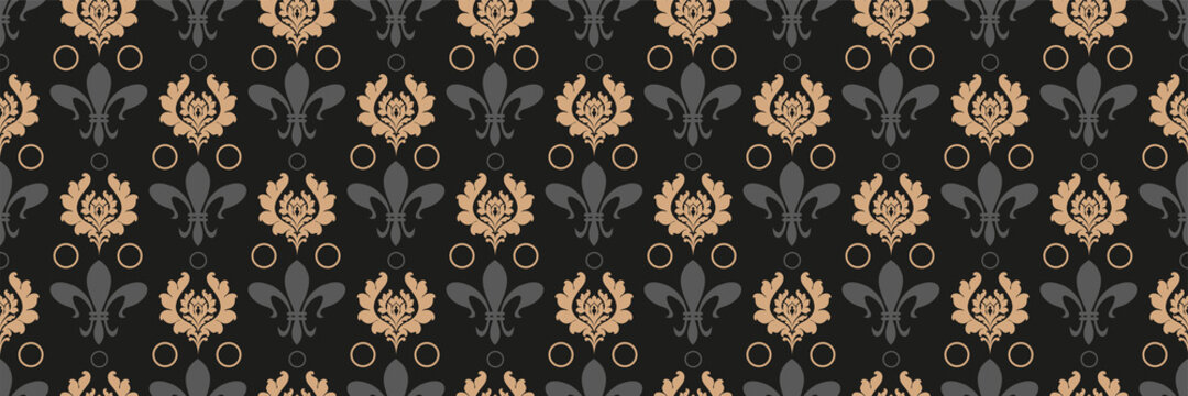 Background images with decorative floral ornaments in gray and gold on a black background for your design. Seamless background for wallpaper, textures. 