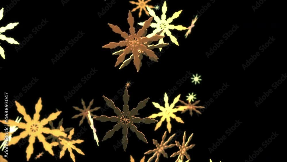 Poster 4k looping falling glow gold digital snowflake on black background animation. gold snowflakes animat