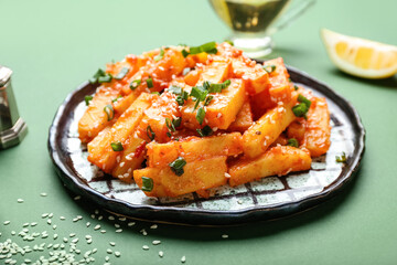 Plate with honey chilli potato on color background