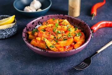 Plate with honey chilli potato on color background