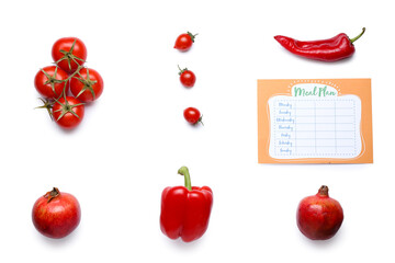 Healthy fresh products with meal plan on white background
