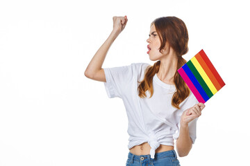 woman wearing white t-shirt lgbt flag inventor community