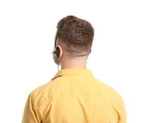 Fototapeta premium Handsome consultant of call center in headset on white background