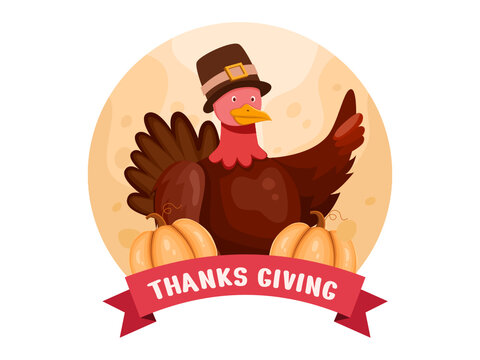 Thanks giving  cute cartoon illustration with turkey or chicken mascot and pumpkin. can be used for greeting card, poster, postcard, banner, web, social media, print.
