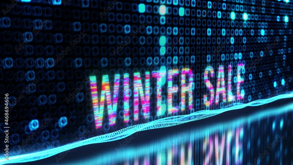 Poster 3d animation of winter sale colorful text word flicker light animation loop with digital effect back