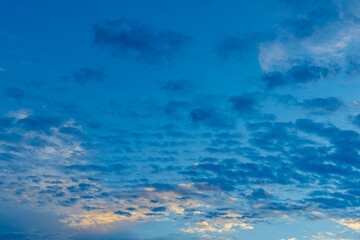 Puffy altocumulus clouds in a blue sunrise sky - obrazy, fototapety, plakaty