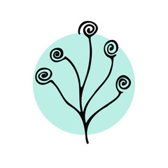 Branch of a plant hand drawn, black silhouette on green circle and white background. Design element, vector