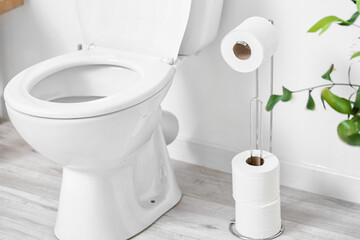 Interior of modern restroom with toilet bowl