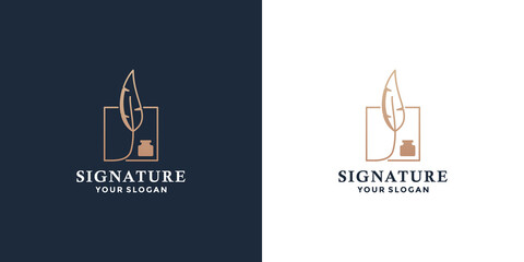 luxury signature feather pen logo design with golden color