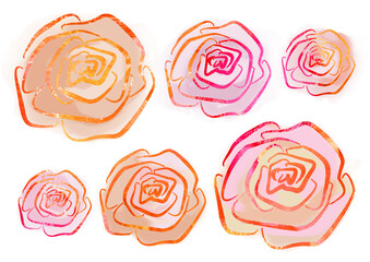 Artistic multicolor floral Rose element in the style of line art wedding theme on a white background. Doodle and scribble. Set pink, red, orange and beige Roses bud for postcard and scrapbooking paper