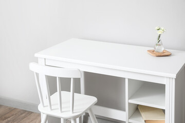 Comfortable workplace near white wall