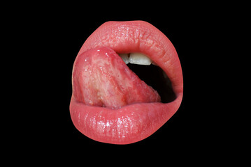 Art red lips. Sexy womans open mouth, licking, tongue sticking out.