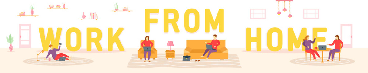Working from home, coworking space. Characters people at home on quarantine. The concept of work at home self isolation.