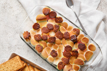 Baking dish with delicious S'mores dip and crackers on light background