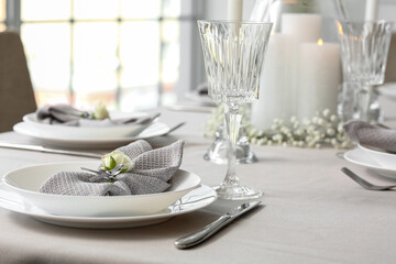 Beautiful table setting for wedding celebration in restaurant