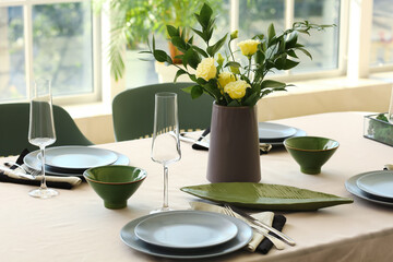Beautiful table setting for wedding celebration in restaurant