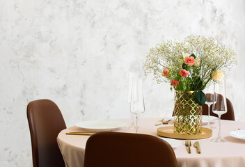Beautiful table setting for wedding celebration in restaurant