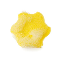 Yellow bath sponge with foam on white background