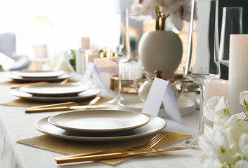 Beautiful table setting for wedding celebration in restaurant