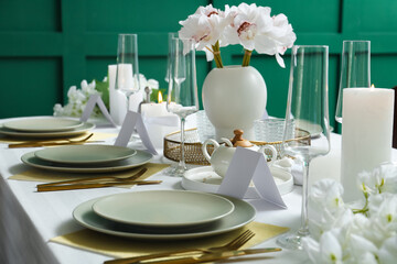 Beautiful table setting for wedding celebration in restaurant