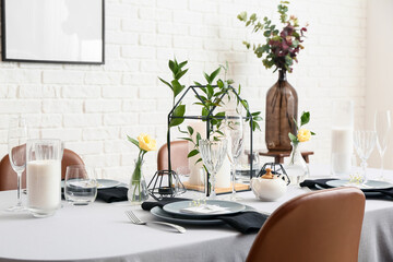 Beautiful table setting for wedding celebration in restaurant