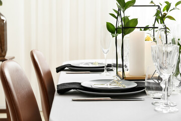 Beautiful table setting for wedding celebration in restaurant