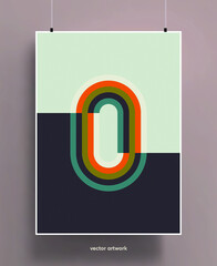 Vintage poster design background. Geometric colorful shapes and lines in pastel palette with grainy texture. Vector illustration.