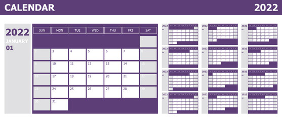Calendar 2022 week start Sunday design planner with violet and grey