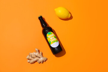 Bottle of natural kombucha with lemon and ginger on color background