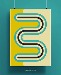 Vintage poster design background. Geometric colorful shapes and lines in pastel palette with grainy texture. Vector illustration.