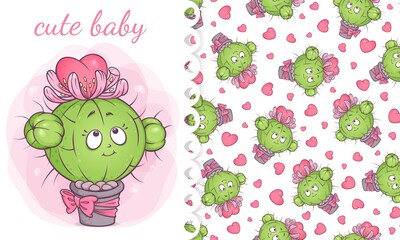 Cute baby cactus with flower and heart on seamless pattern. Children's textiles with a funny cartoon character. Texture for valentine's day.