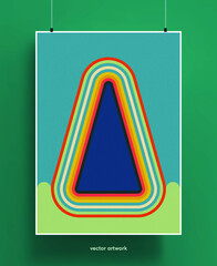 Vintage poster design background. Geometric colorful shapes and lines in pastel palette with grainy texture. Vector illustration.