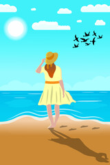 Obraz na płótnie Canvas Landscape of a woman on a beach watching birds 