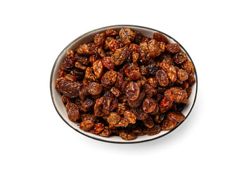 Bowl with tasty dried raisins on white background