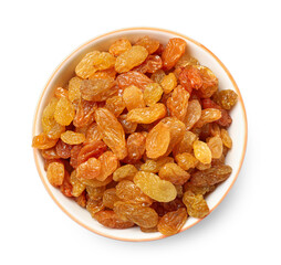 Sweet raisins in bowl on white background
