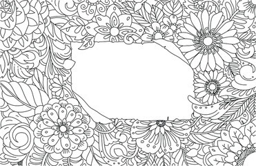 Black and white floral hand drawn frame. Floral card. Banner, business card, flyer, invitation, greeting card, postcard. Decorative border art style.