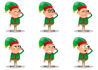Christmas Elf talking on cell phone. Vector cartoon character illustration of Santa Claus's little worker, helper.