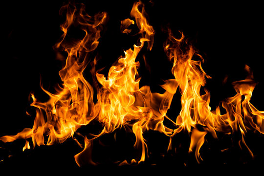 Fire flame isolate on black background. Burn flames, abstract texture. Art design for fire pattern, flame texture.