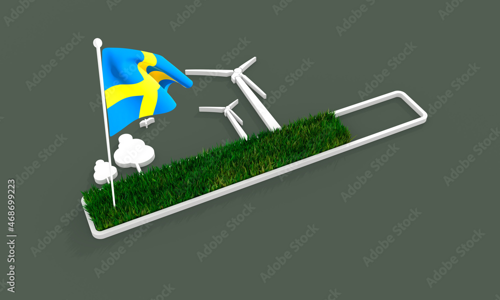 Poster progress or loading bar with trees and wind turbine. flag of sweden