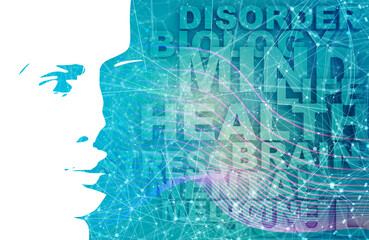 Silhouette of a female head and mind relative tags cloud