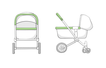 Set of two baby strollers. Vector isolated stock flat color image on a white background. 