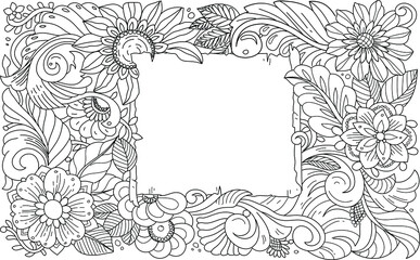 Black and white hand drawn frame with floral ornament. Floral card. Banner, business card, flyer, invitation, greeting card, postcard. Decorative border art style.